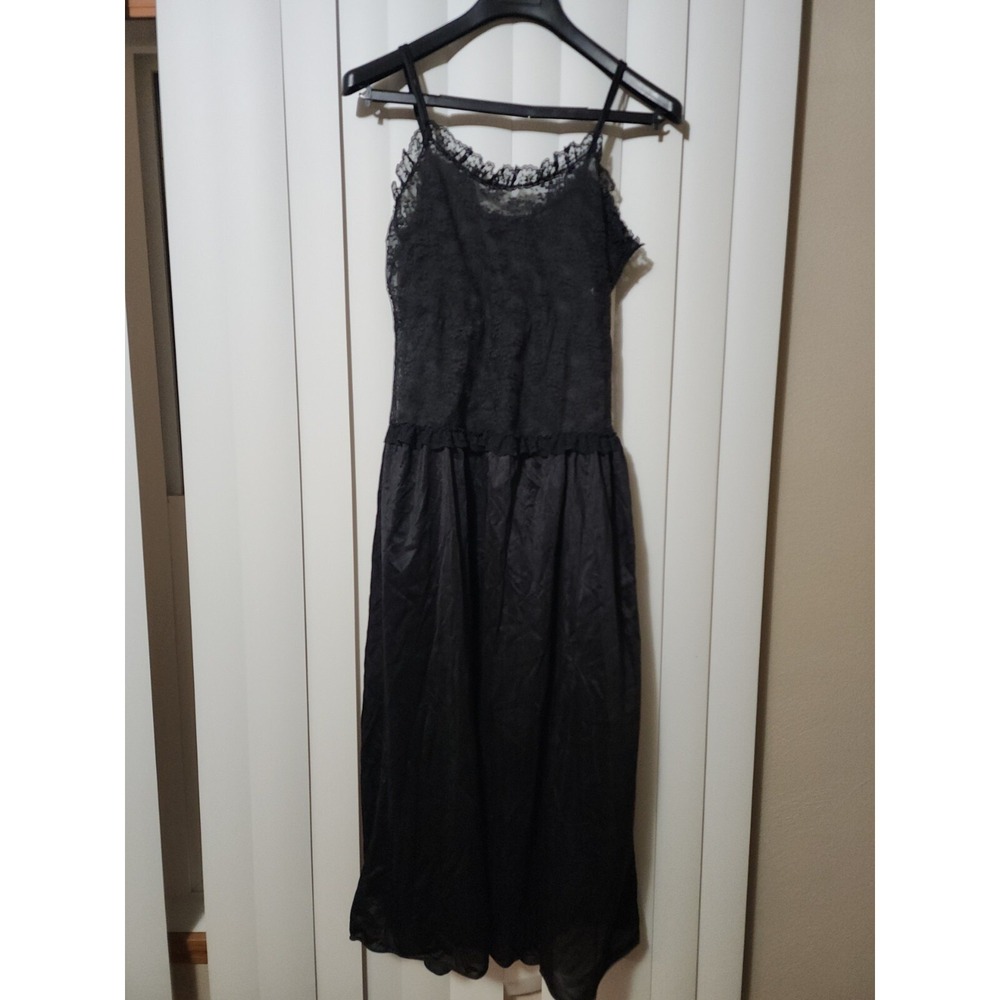 Vintage 70s Slip Dress Nightie Black Lace Maxi Vamp Fatale Sheer‎ Long USA